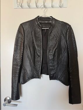 BCBGMaxAzria Black Quilted Faux Leather Collarless Jacket
